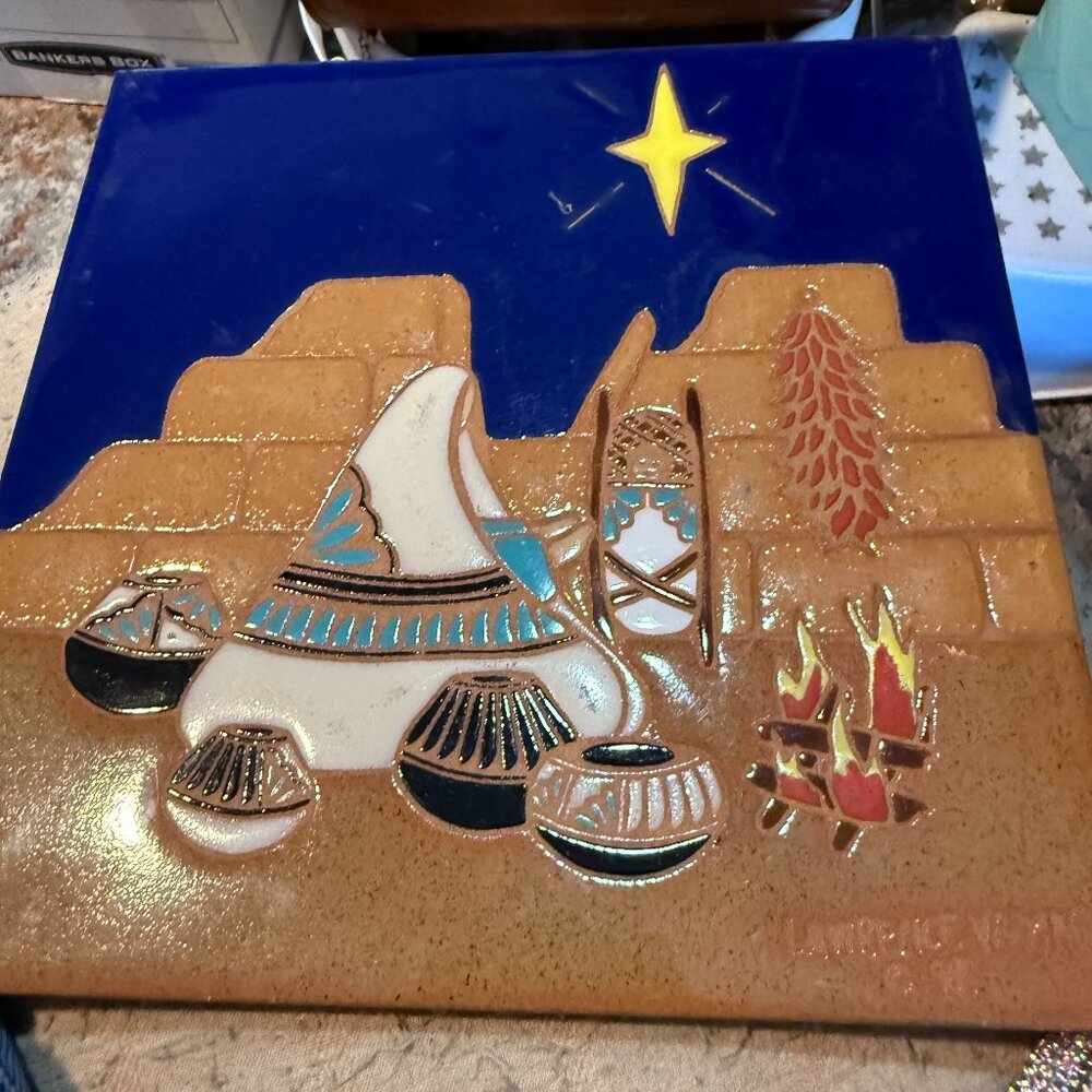 Vintage Tecolote Tile by Lawrence Vargas Hand painted Ceramic 7.875" Sq Biblical